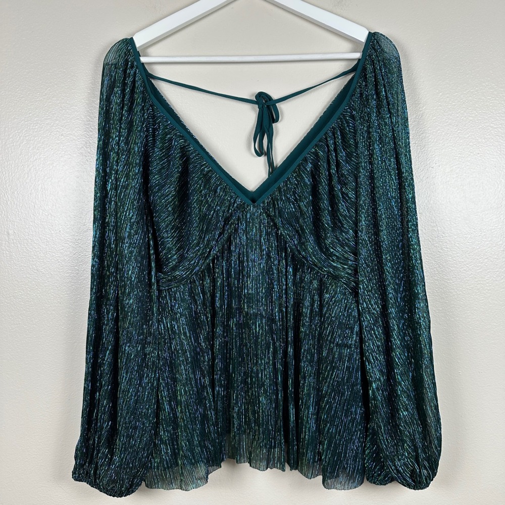 Express Women's L Babydoll Top Emerald Green Metallic Plisse V-Neck